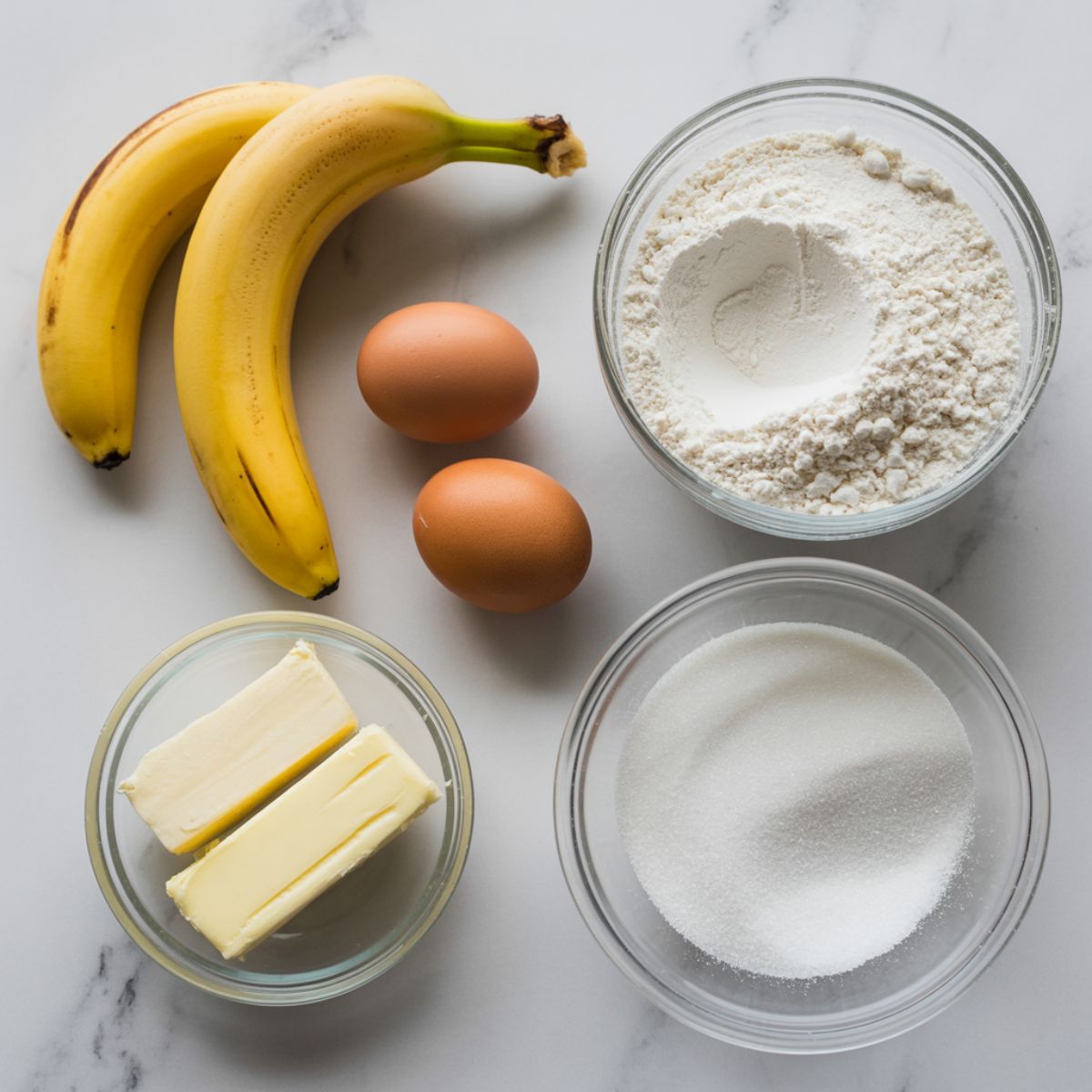 Measured ingredients for banana caramel cake recipe on white counter