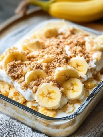 Finished banana pudding recipe in glass dish with creamy layers and whipped topping