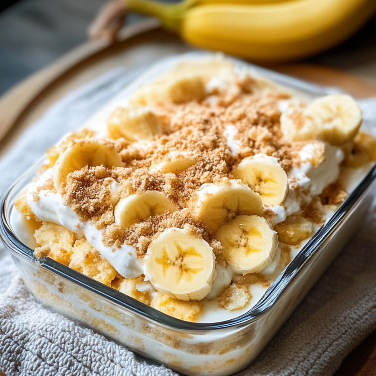 Finished banana pudding recipe in glass dish with creamy layers and whipped topping