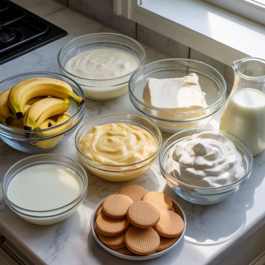All ingredients laid out for banana pudding recipe on a clean white marble surface