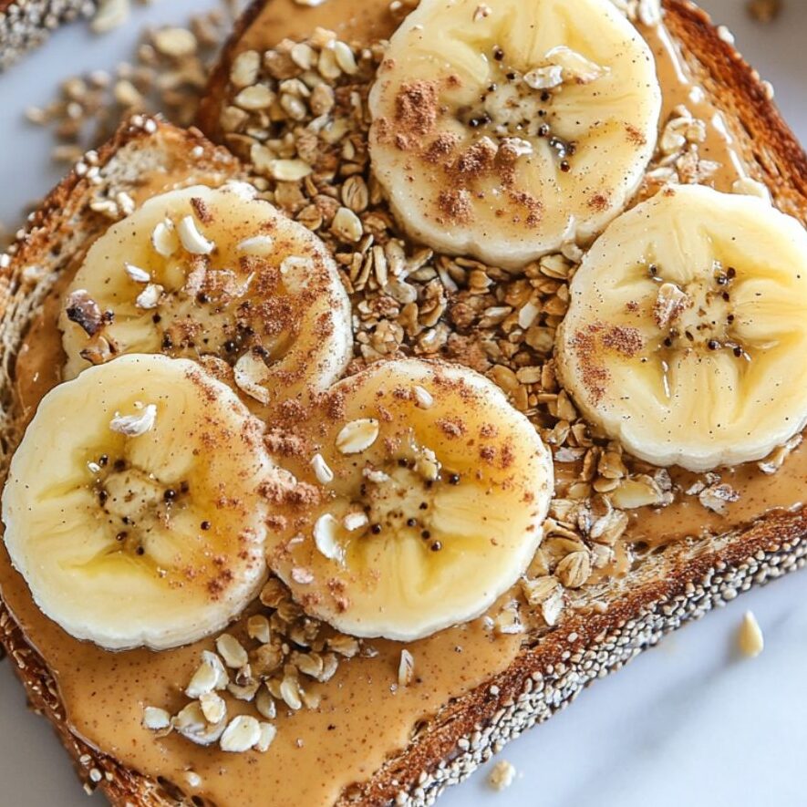 Almond butter toast topped with banana, cinnamon, and hemp seeds on white marble counter.