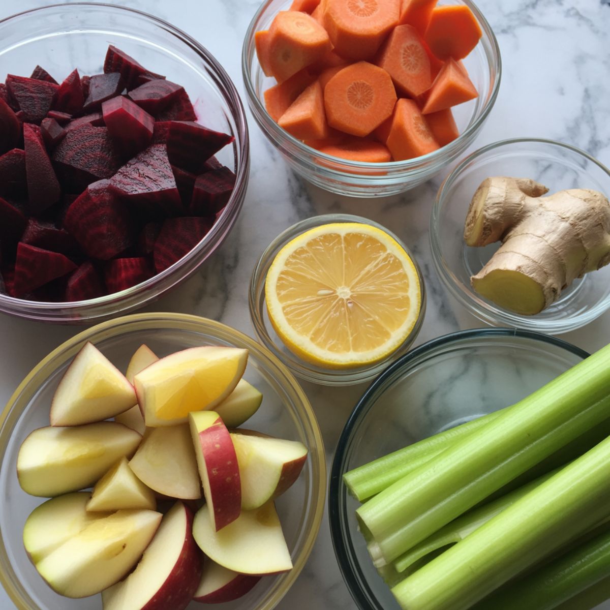 Glass bowls filled with chopped beetroot, apple, carrot, ginger, and celery on a marble counter