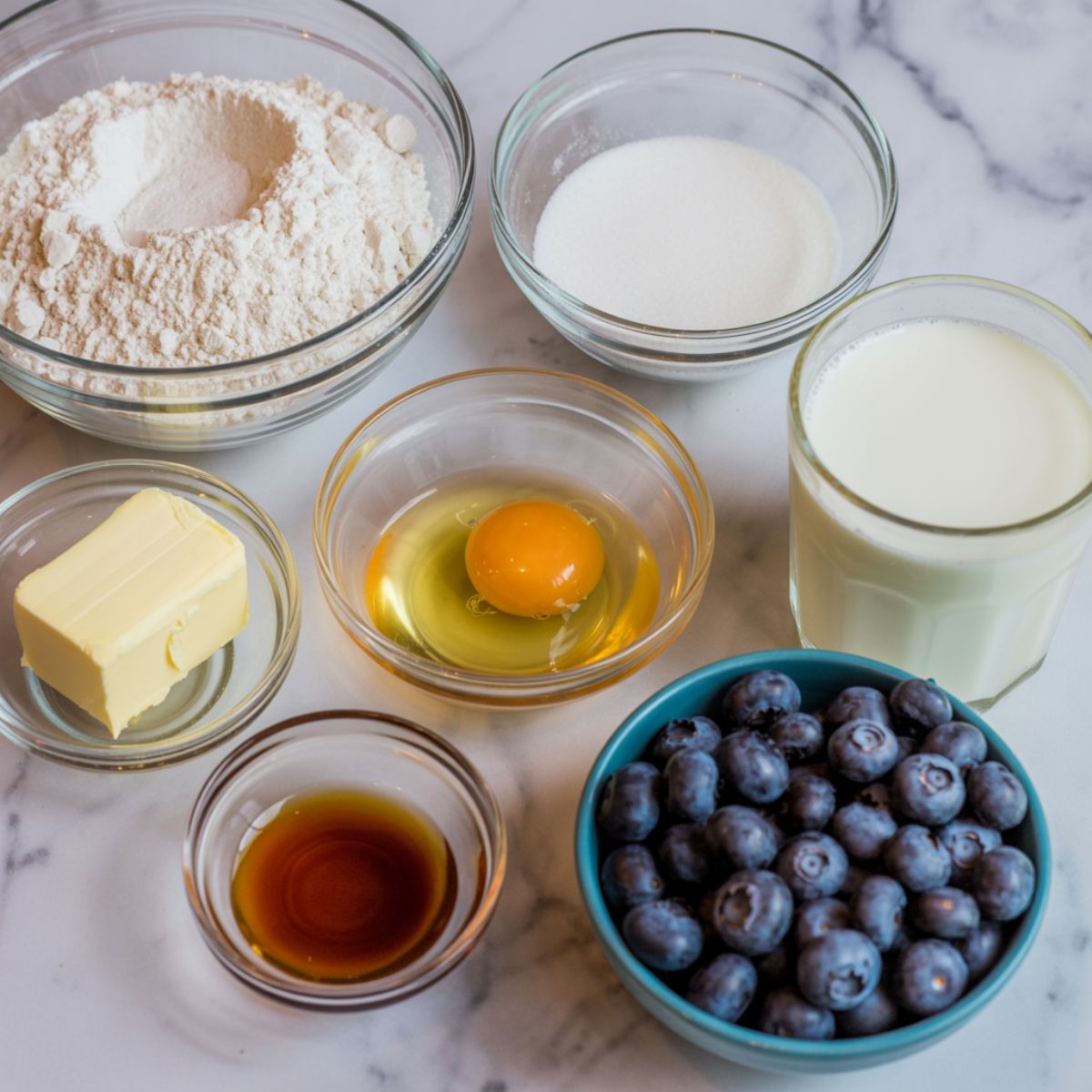 Ingredients for blueberry muffins recipe arranged in glass bowls on a white marble counter