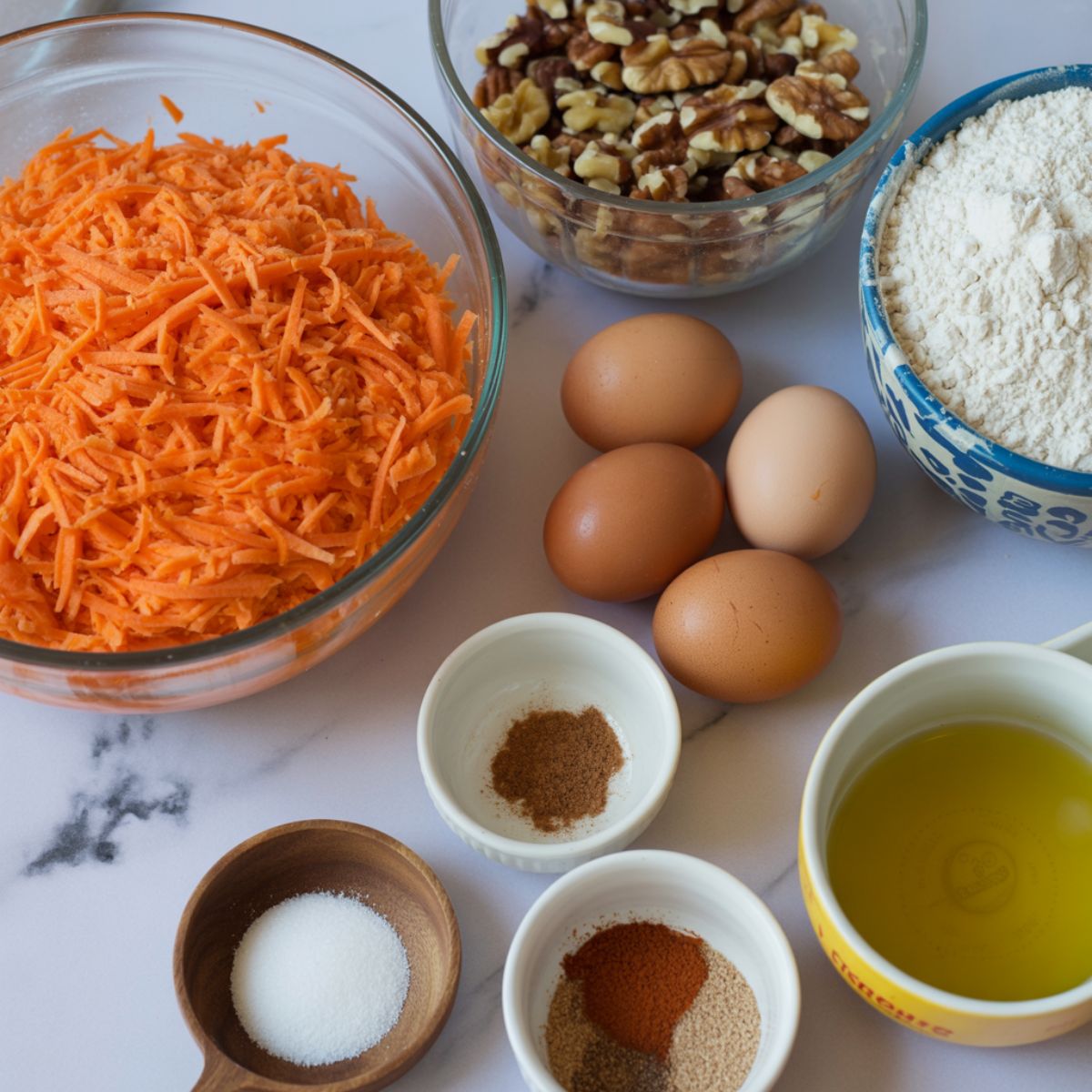 Carrot Cake with Walnuts Recipe ingredients laid out on a white counter