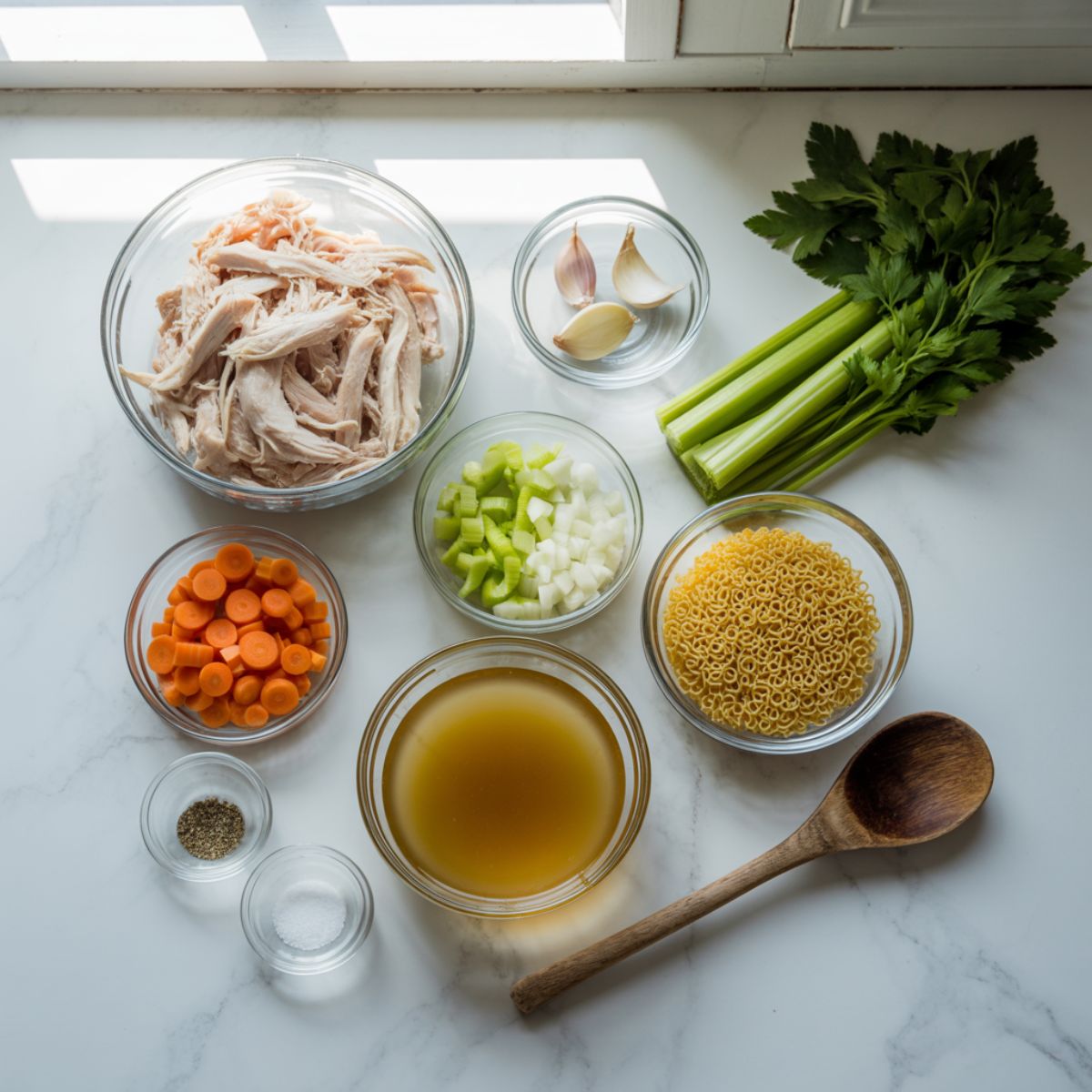 Ingredients for chicken pastina soup recipe arranged on a white marble counter