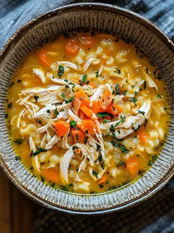 Bowl of homemade chicken pastina soup recipe with tiny pasta, chicken, and carrots