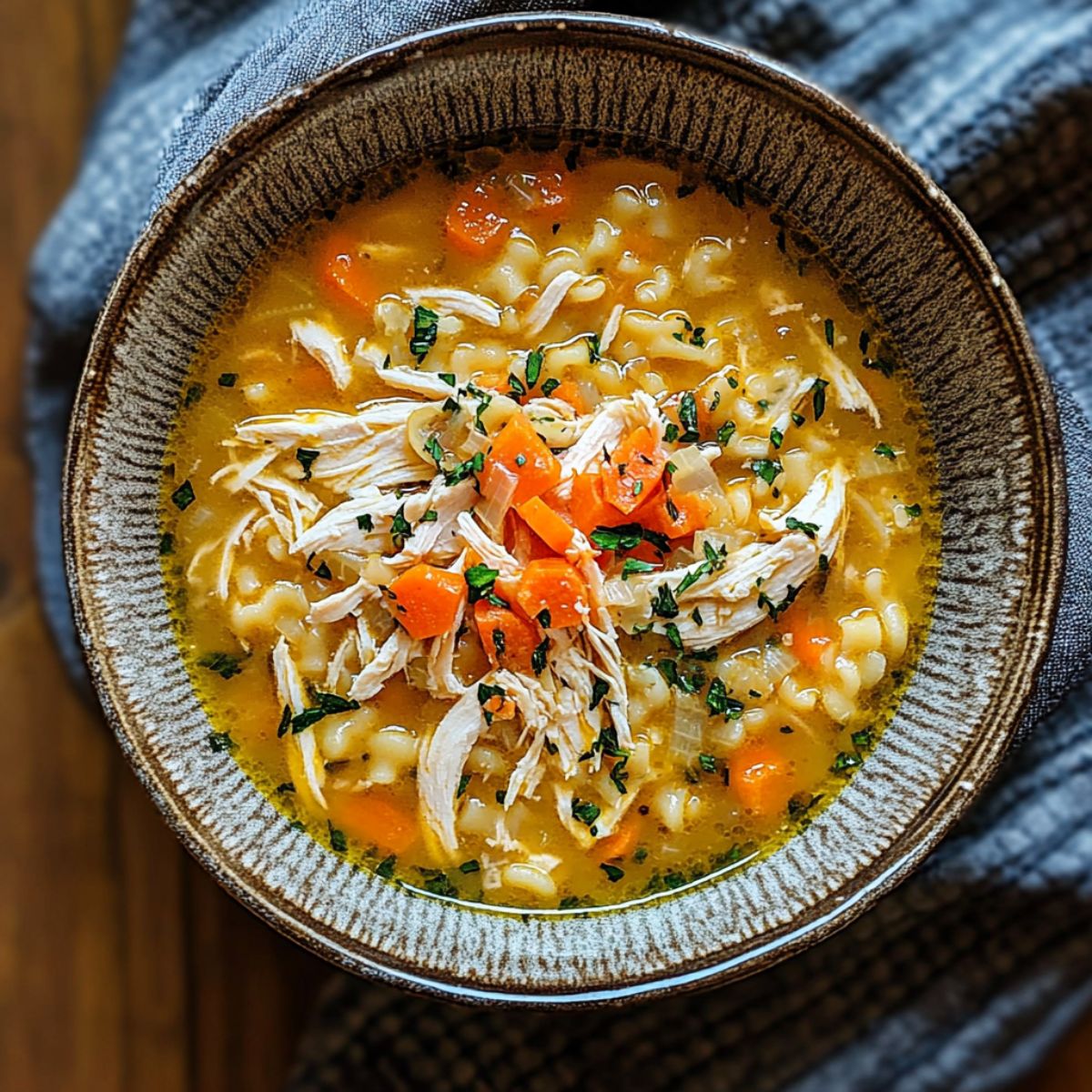 Bowl of homemade chicken pastina soup recipe with tiny pasta, chicken, and carrots