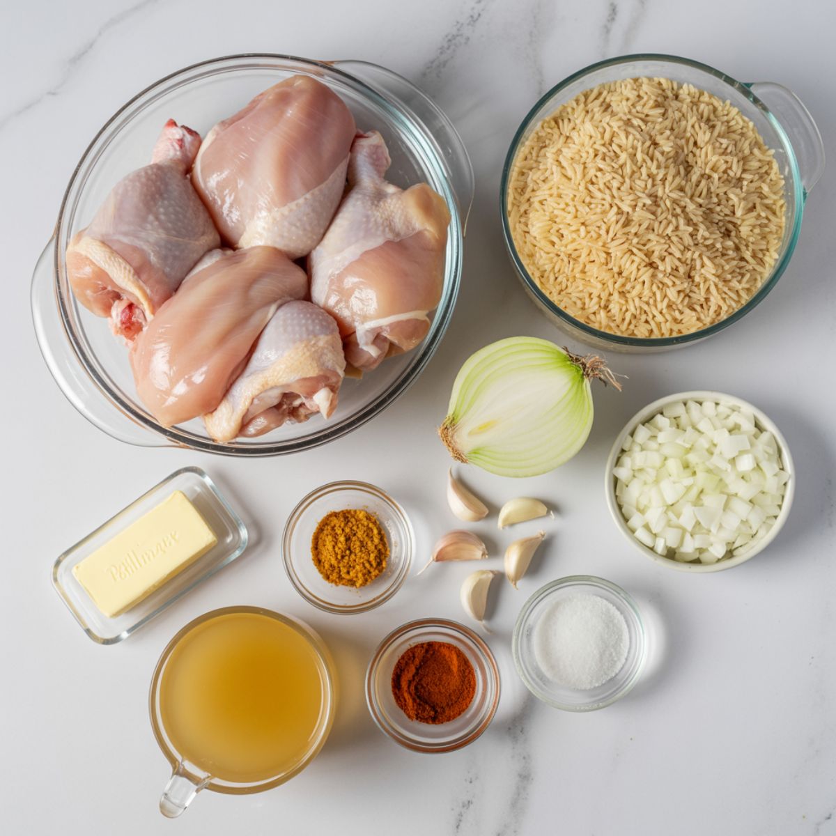 Overhead view of raw ingredients for chicken and rice laid out on a white marble counter