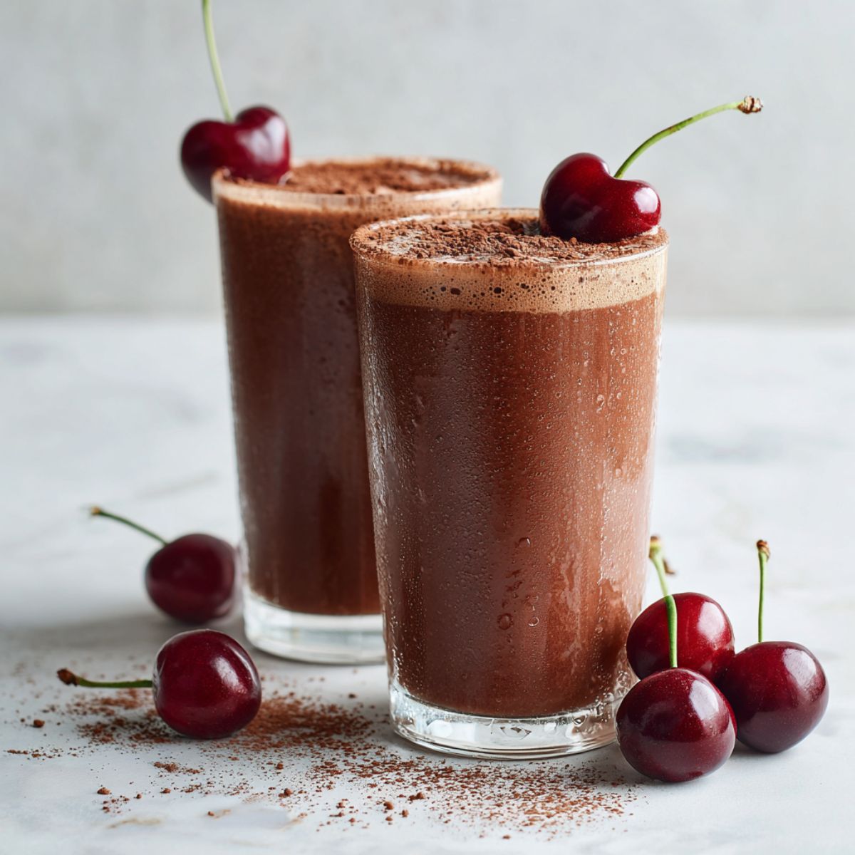 Chocolate cherry smoothie recipe in glass cups with cherries on top on white marble.