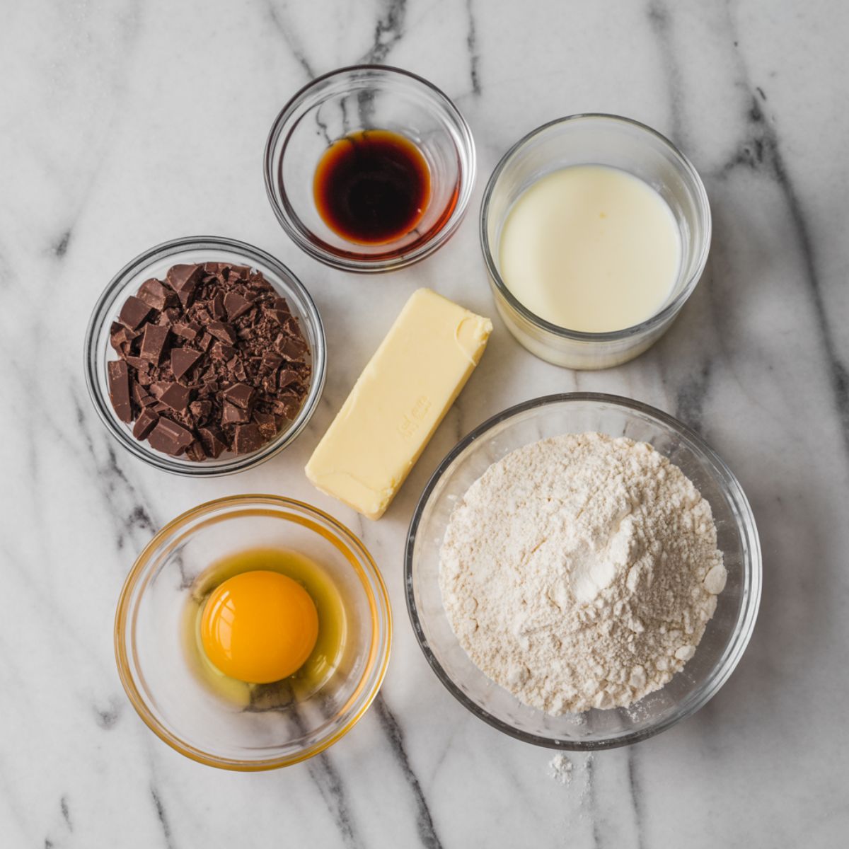 Ingredients for chocolate tart recipe including chocolate, butter, cream, egg yolk, and flour