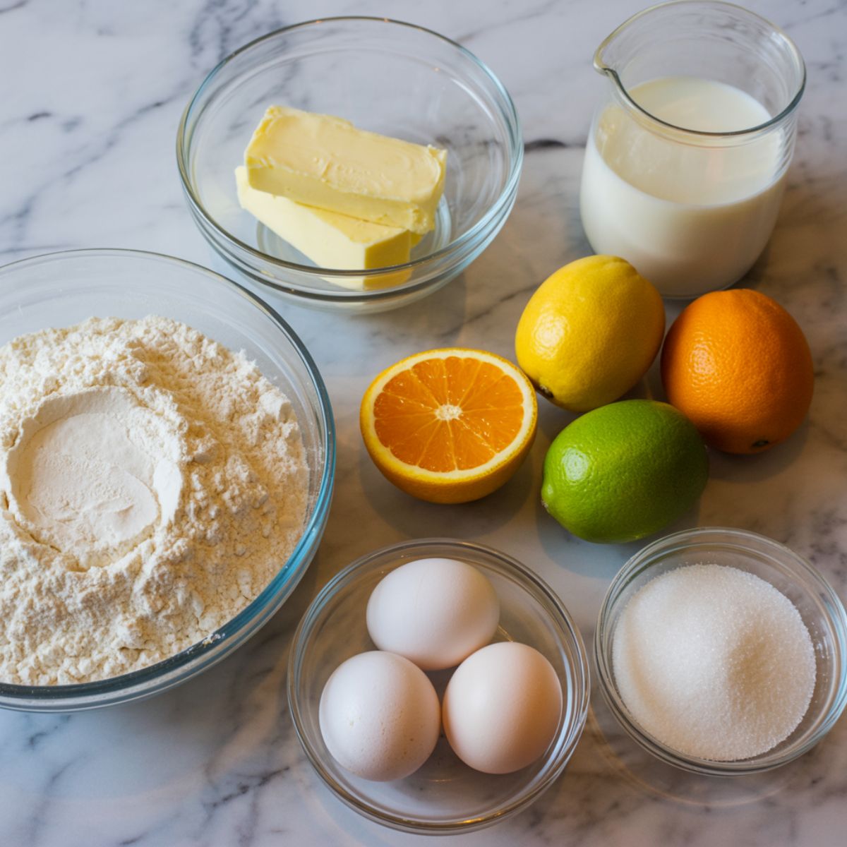 Measured ingredients for citrus cake recipe arranged on a white marble kitchen counter