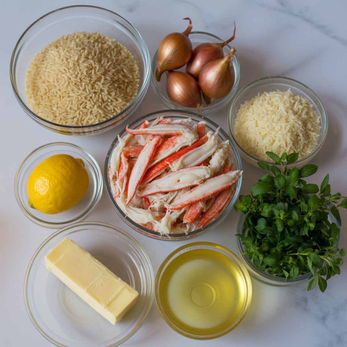 Ingredients laid out for making crab risotto recipe