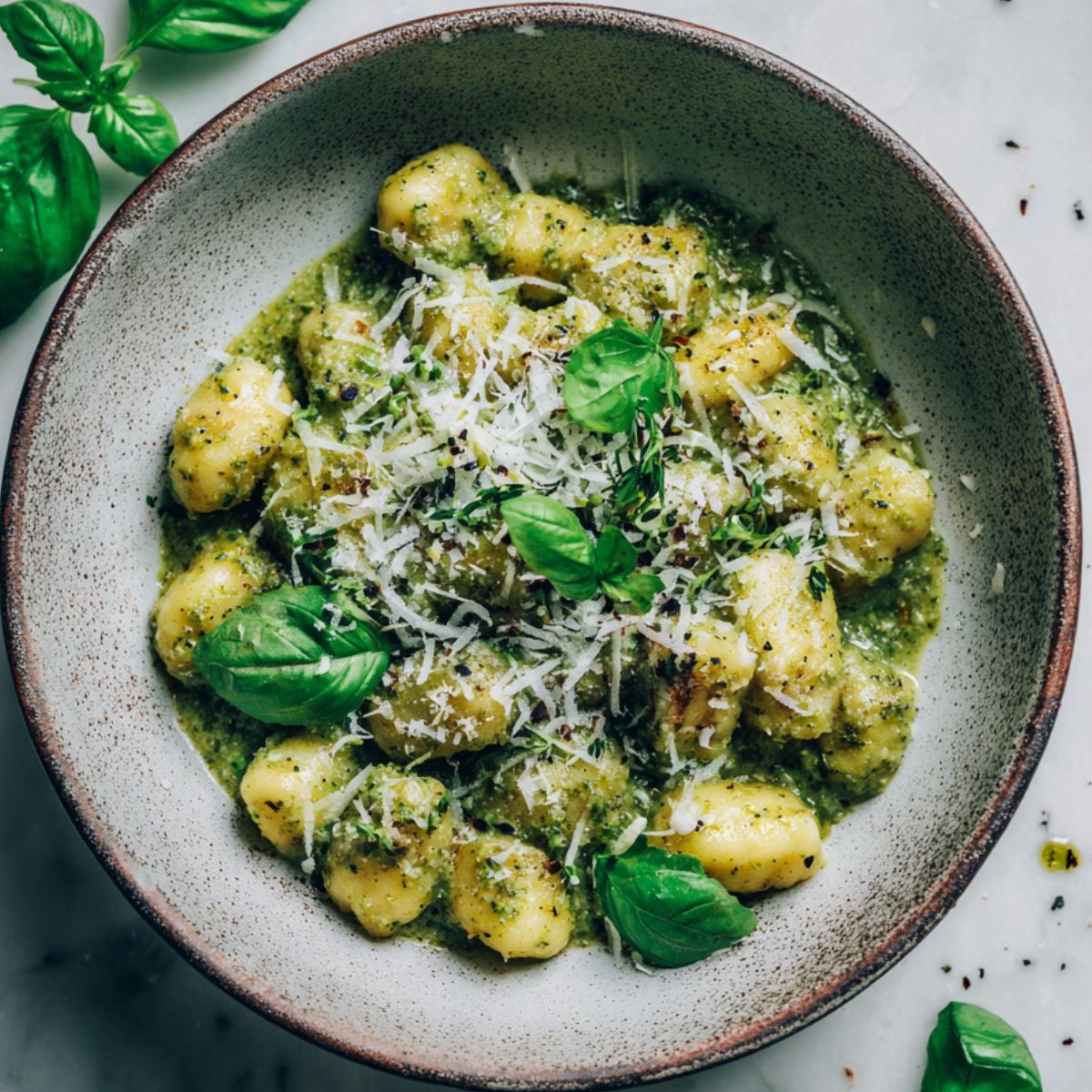 Overhead bowl of creamy pesto gnocchi recipe with basil and Parmesan on a white marble counter