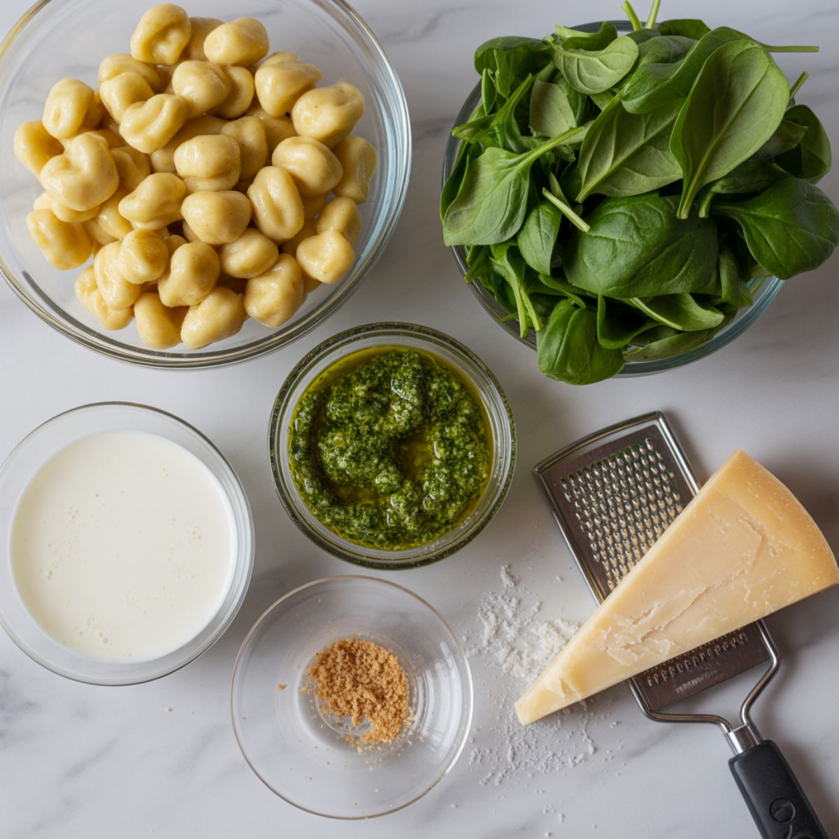 Flat-lay of gnocchi, basil pesto, cream, garlic, Parmesan and spinach on a white counter