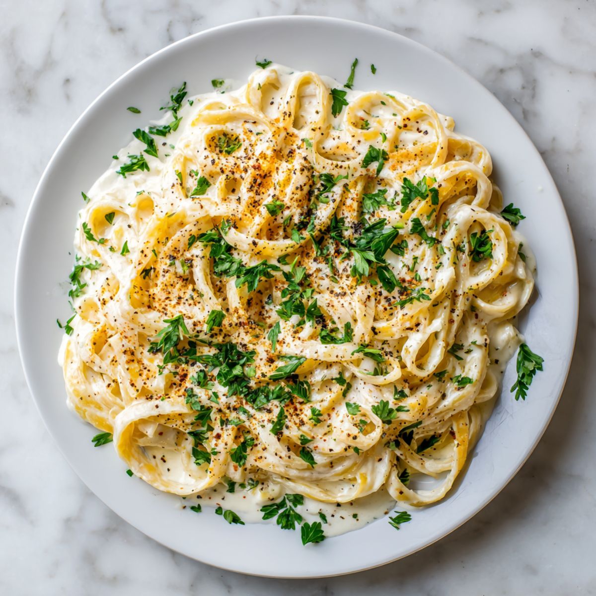 Creamy homemade Fettuccine Alfredo Recipe served on a white plate on a marble kitchen counter

