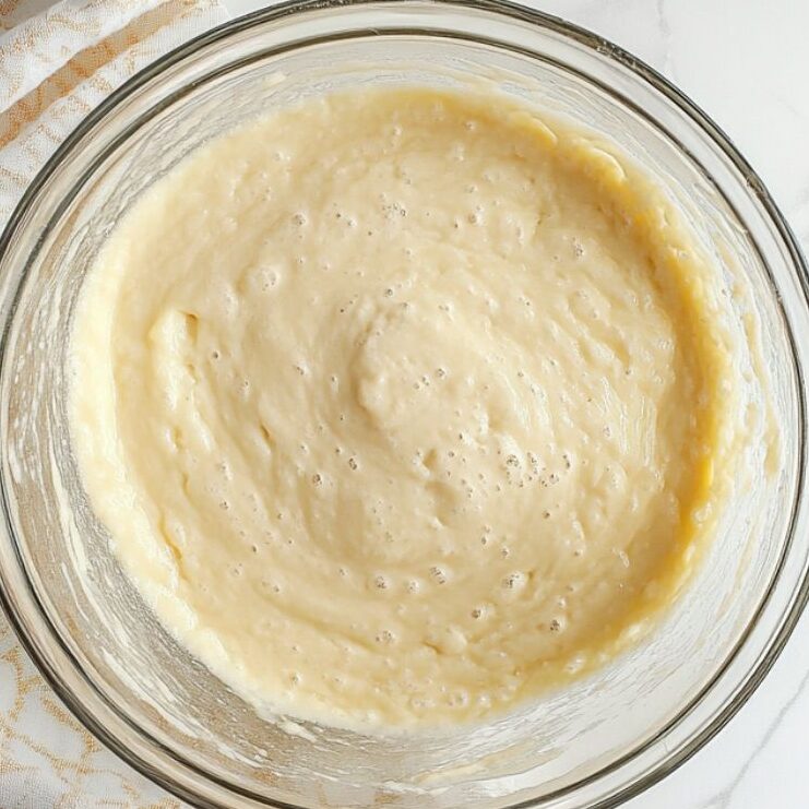 Crepe batter resting in a covered glass bowl on white marble counter.
