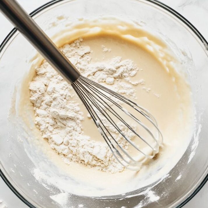 Whisking crepe batter in a glass bowl on white marble counter.