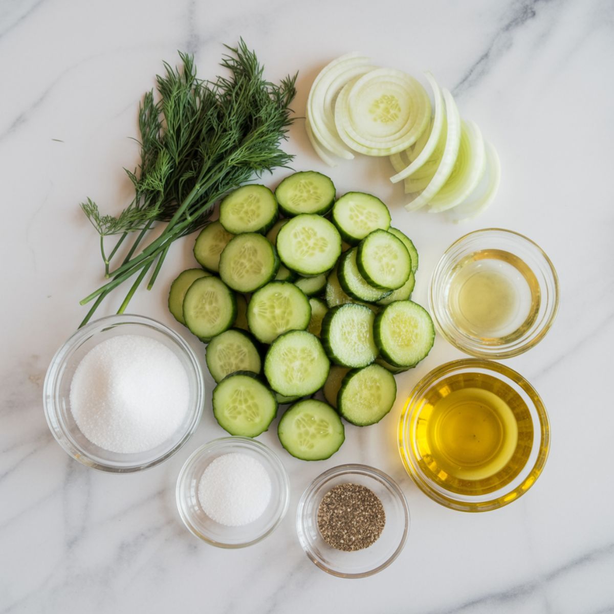 Cucumber salad recipe ingredients arranged on a white marble countertop in a homemade setting