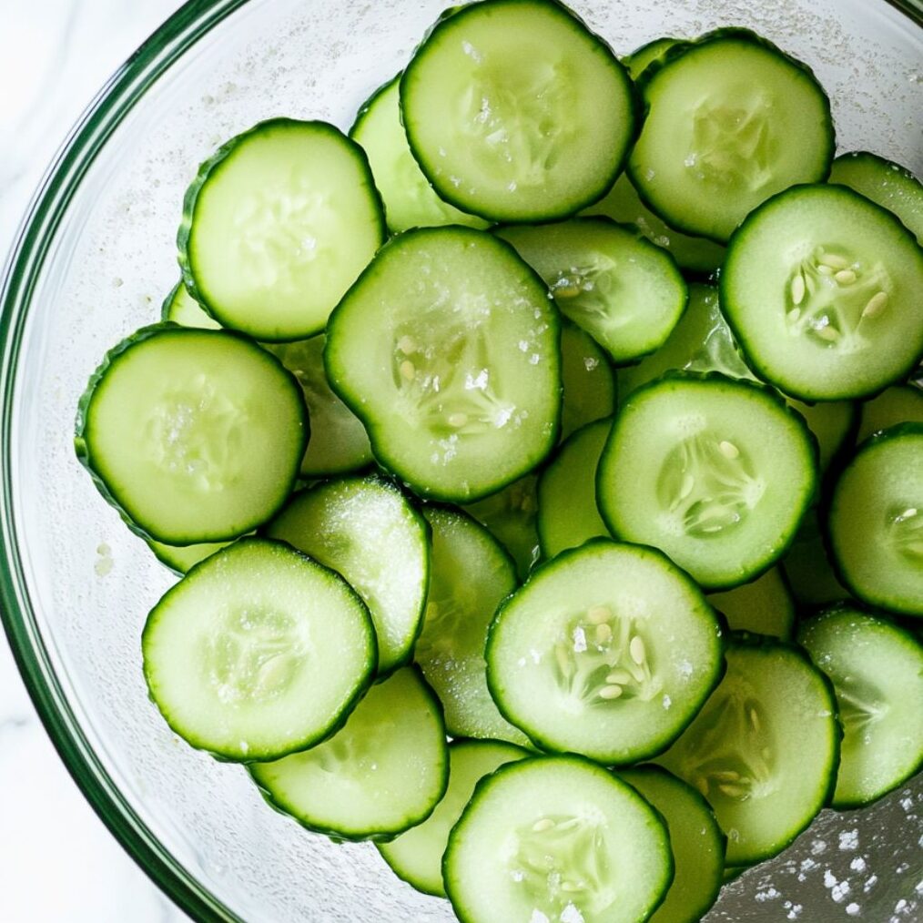 Fresh homemade cucumber salad with onions and dill in a glass bowl on white marble