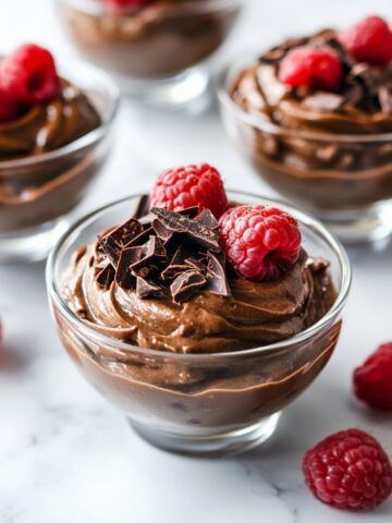 Rich and creamy dark chocolate avocado mousse recipe in glass bowls on a white marble counter