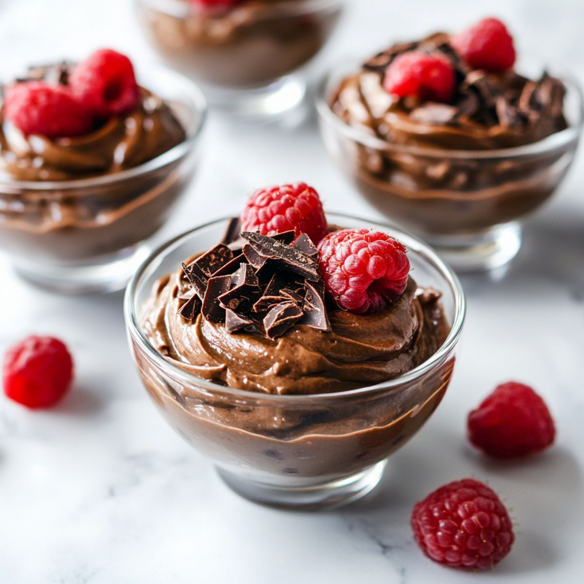Rich and creamy dark chocolate avocado mousse recipe in glass bowls on a white marble counter