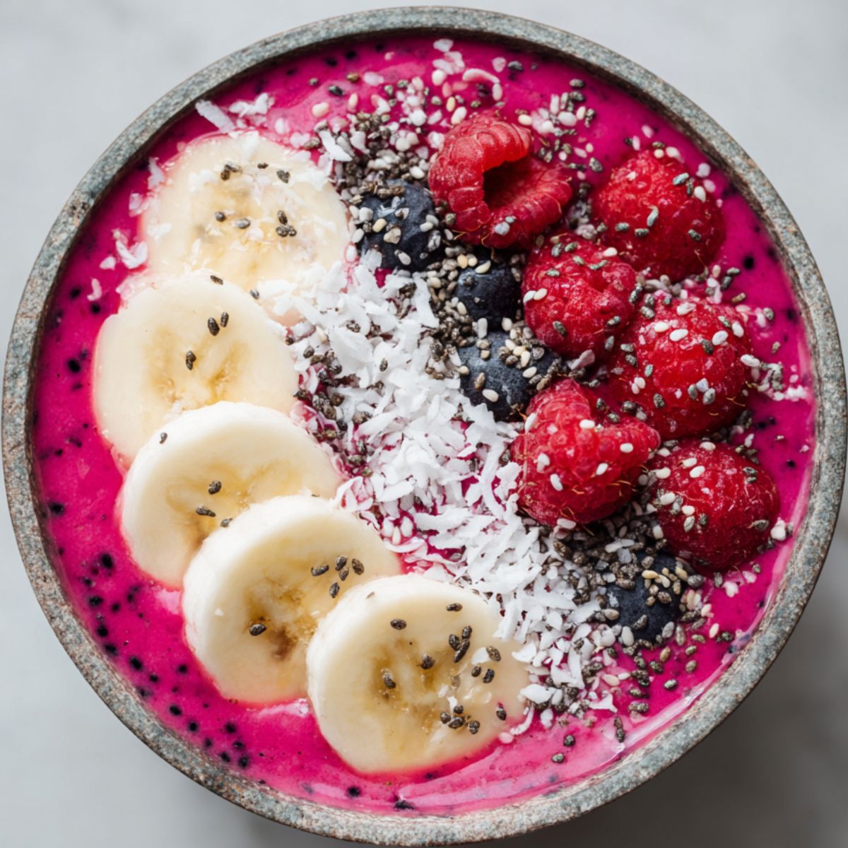A vibrant dragon fruit smoothie bowl recipe with fresh toppings on a white marble countertop