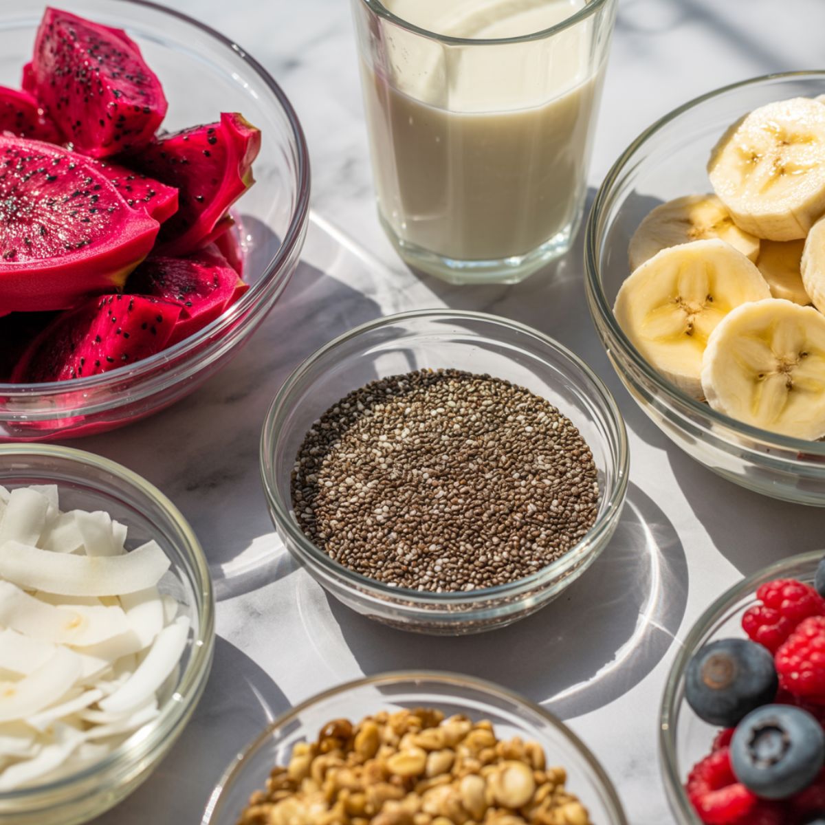 Dragon fruit smoothie bowl recipe ingredients laid out casually on a white marble counter