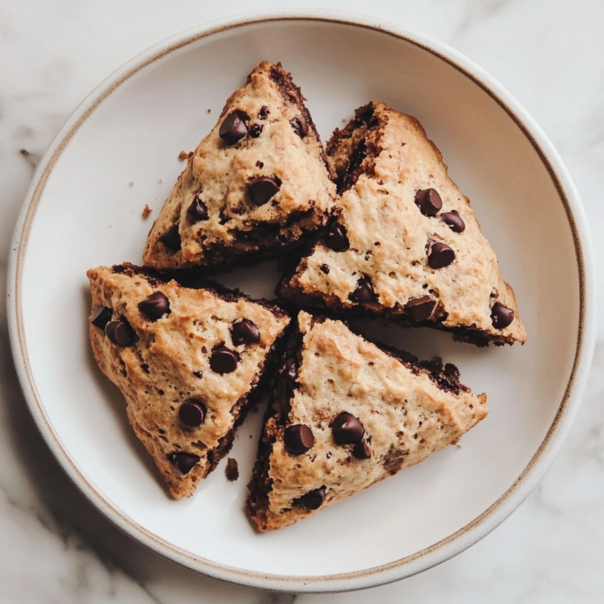 Freshly baked homemade chocolate scones recipe on a white kitchen counter