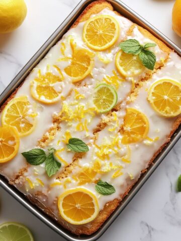 A homemade citrus cake recipe glazed and garnished with citrus zest on a white marble counter