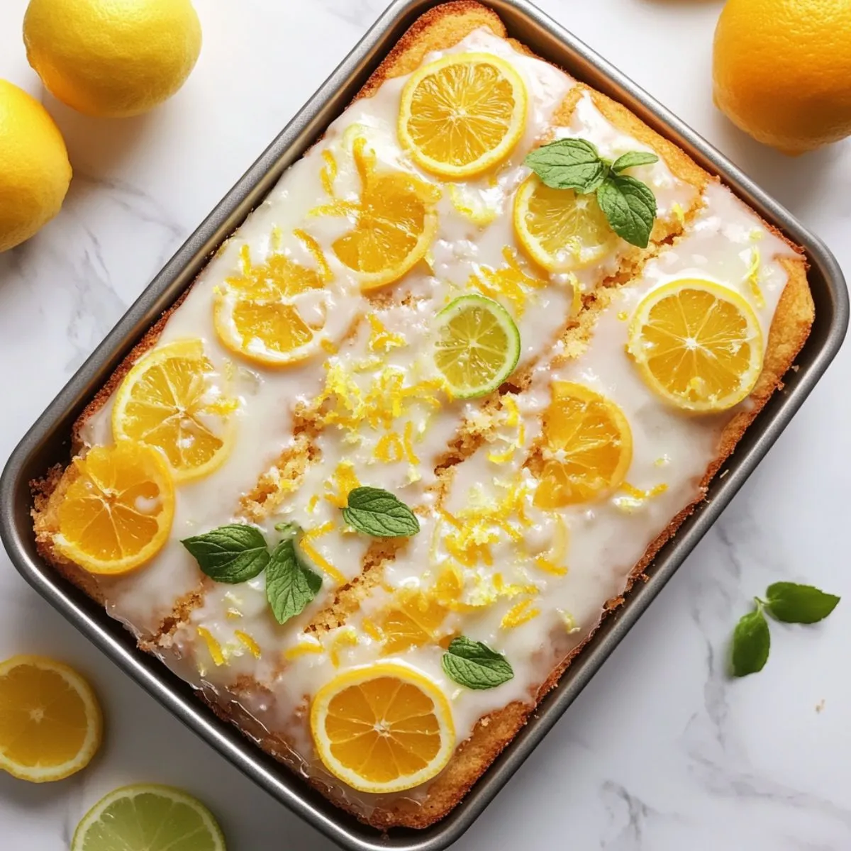 A homemade citrus cake recipe glazed and garnished with citrus zest on a white marble counter