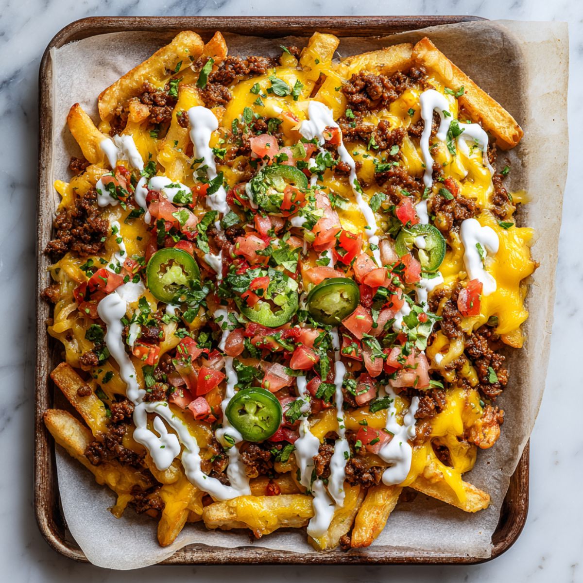 Crispy loaded nacho fries recipe covered with cheese, beef and toppings	