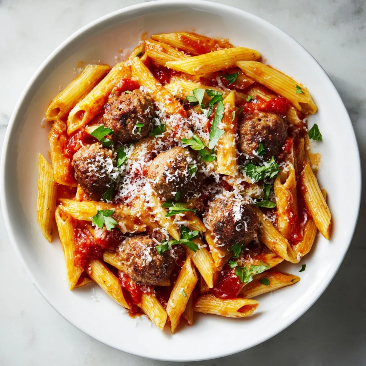 Overhead view of a hearty bowl of penne with meatballs recipe in marinara sauce