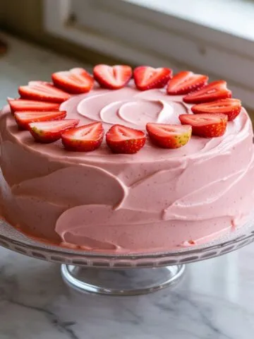 Homemade strawberry cake recipe on white marble counter with strawberries on top