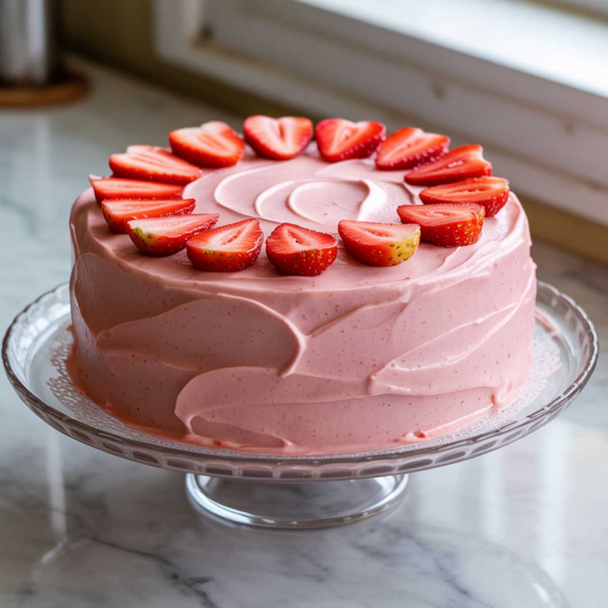 Homemade strawberry cake recipe on white marble counter with strawberries on top

