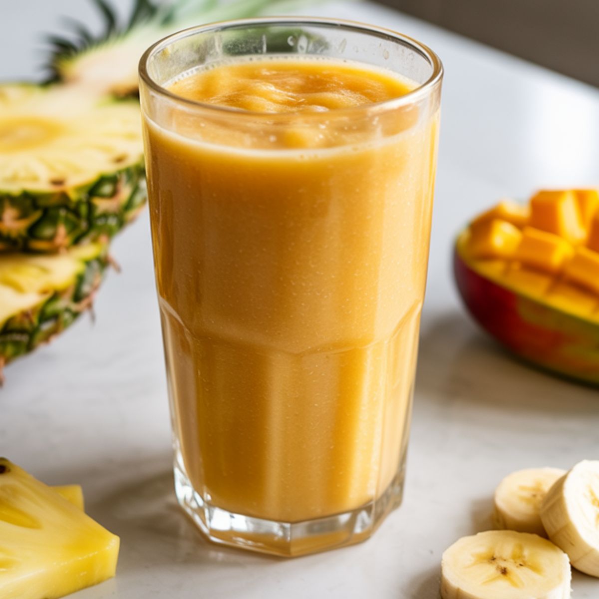 Glass of homemade tropical smoothie recipe on a white kitchen counter