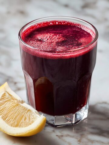 Homemade beetroot juice recipe in a glass on a white marble kitchen counter