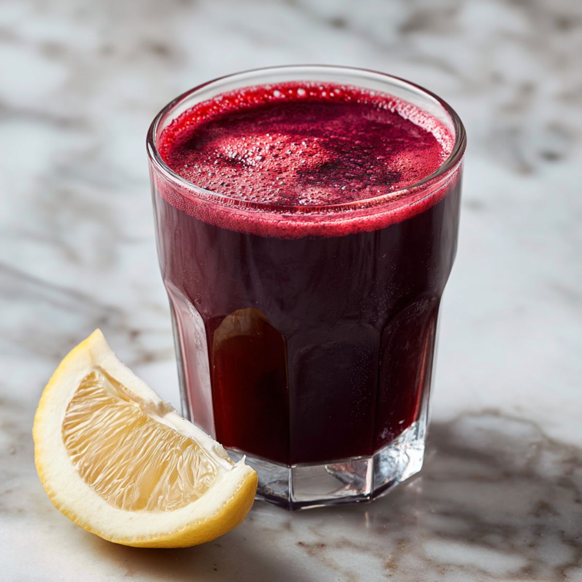 Homemade beetroot juice recipe in a glass on a white marble kitchen counter