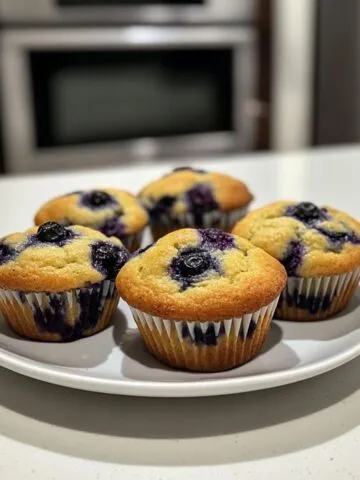 Fresh homemade blueberry muffins recipe cooling on a rack on a white marble counter