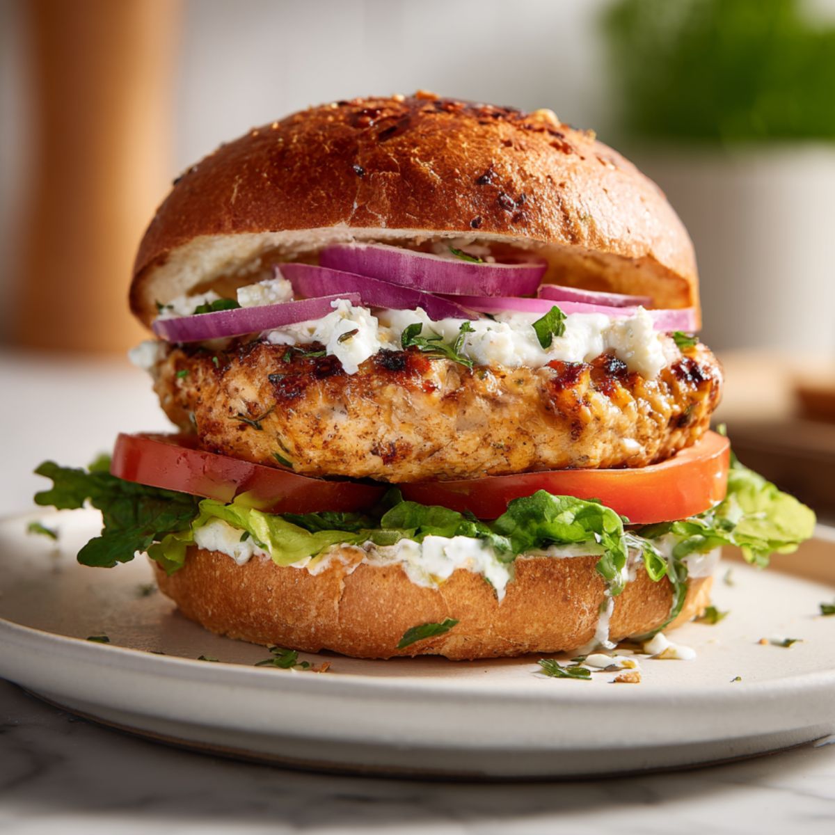 Chicken feta burgers recipe on a plate with toppings, served homemade-style.
