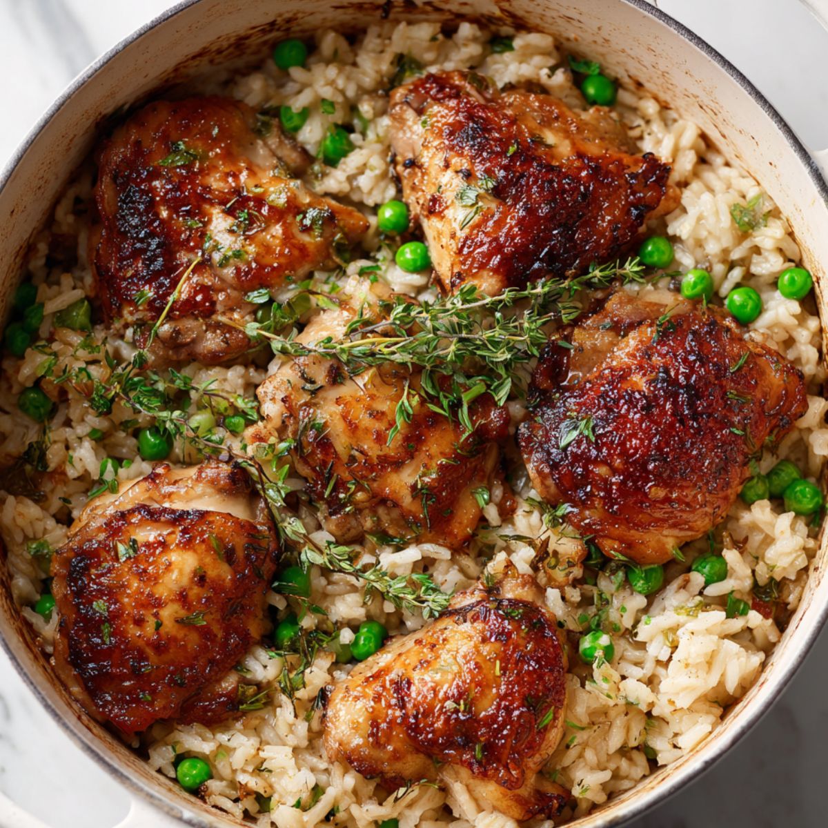 Homemade chicken and rice recipe served in one pot on a white kitchen counter