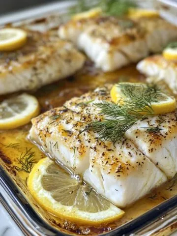 Overhead view of baked cod fillets with lemon slices and dill in a white dish on a marble counter.