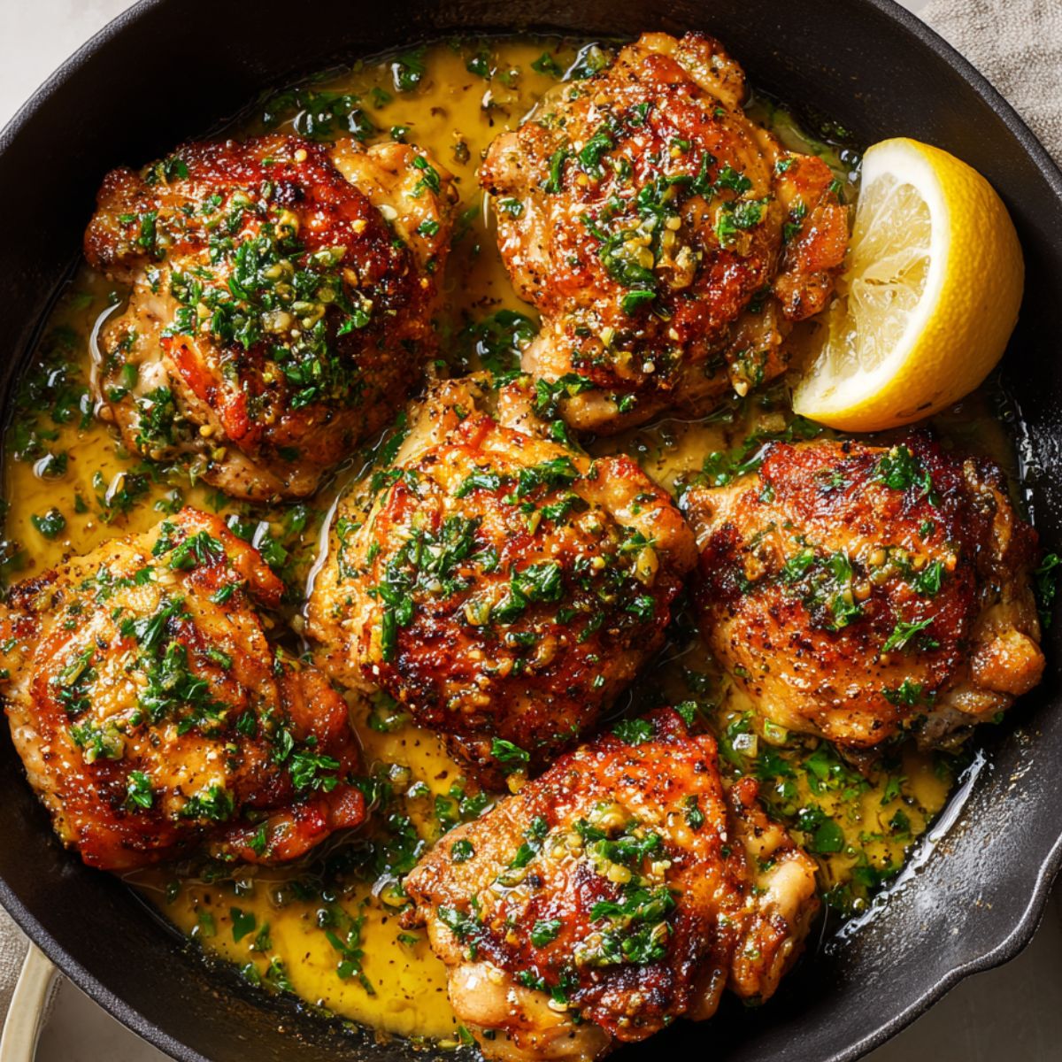 Crispy garlic butter chicken thighs recipe in a cast-iron skillet, shot overhead on a white marble counter.	
