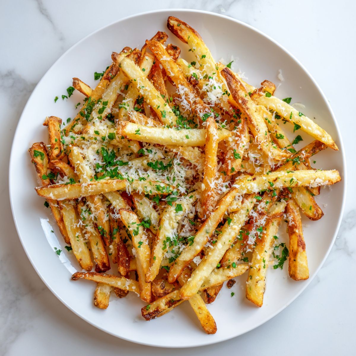 Golden brown garlic parmesan fries recipe served on a white plate with cheese and parsley