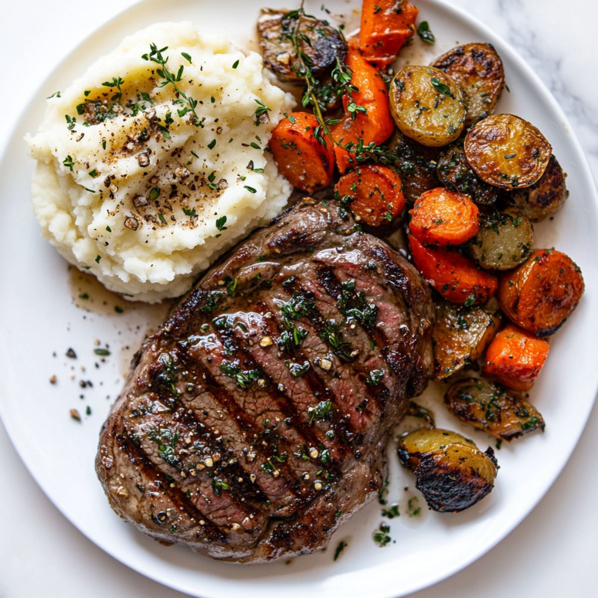 Garlic butter steak recipe with mashed potatoes and veggies on white plate