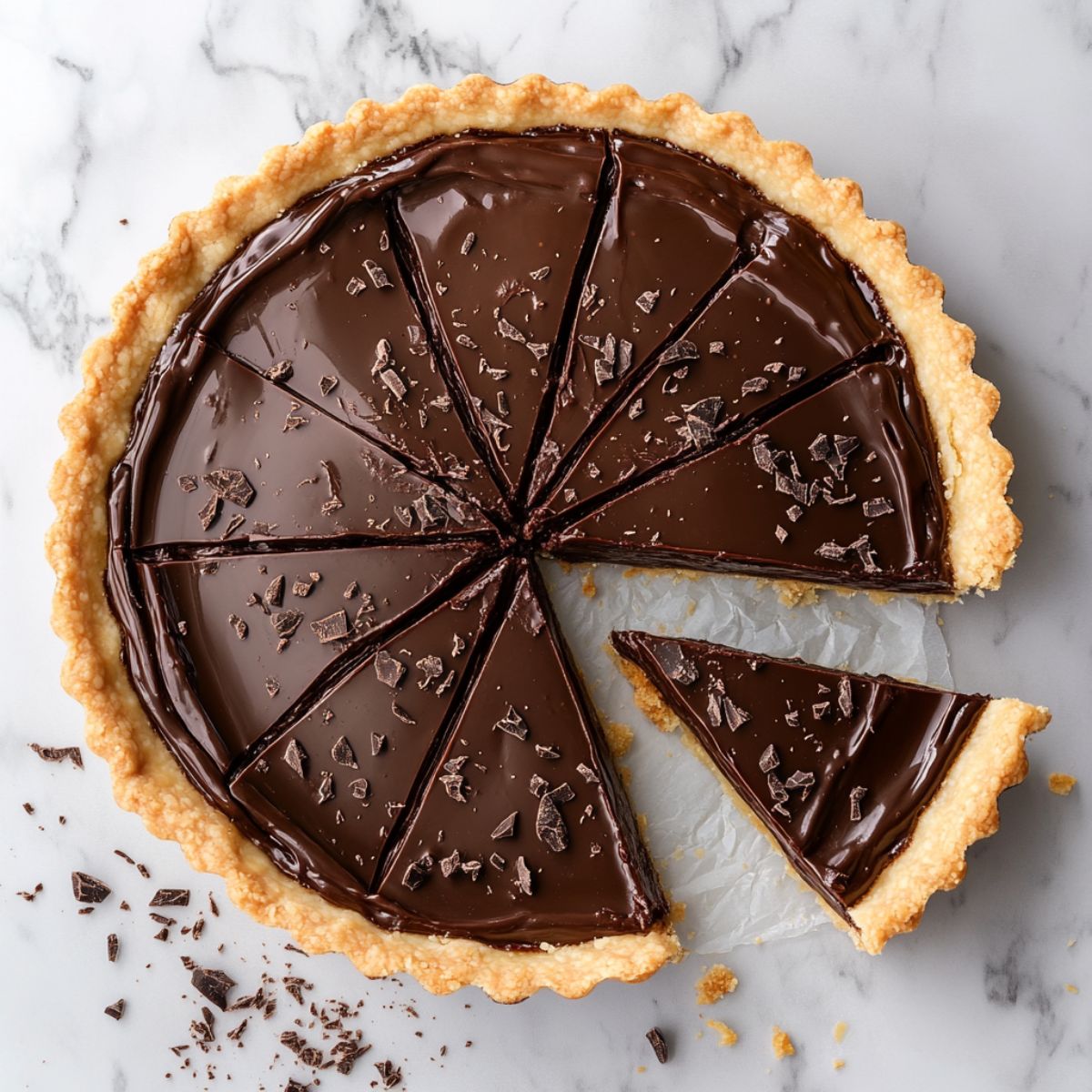Homemade chocolate tart recipe with shiny ganache sliced on a white marble surface

