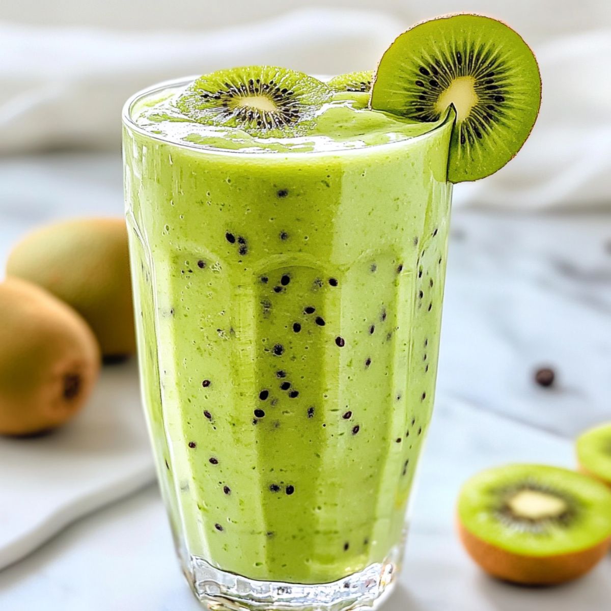 Kiwi smoothie recipe  in a glass with chopped kiwi on white counter