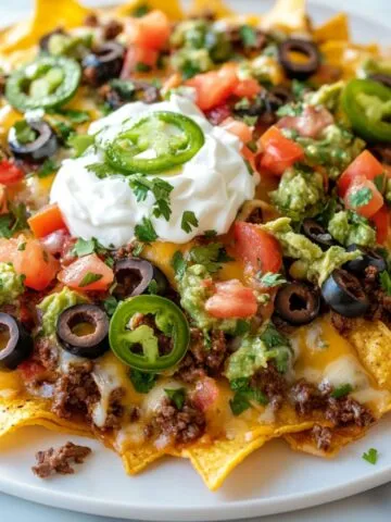 Homemade beef nachos recipe with melted cheese, jalapeños, tomatoes, and sour cream on a white counter