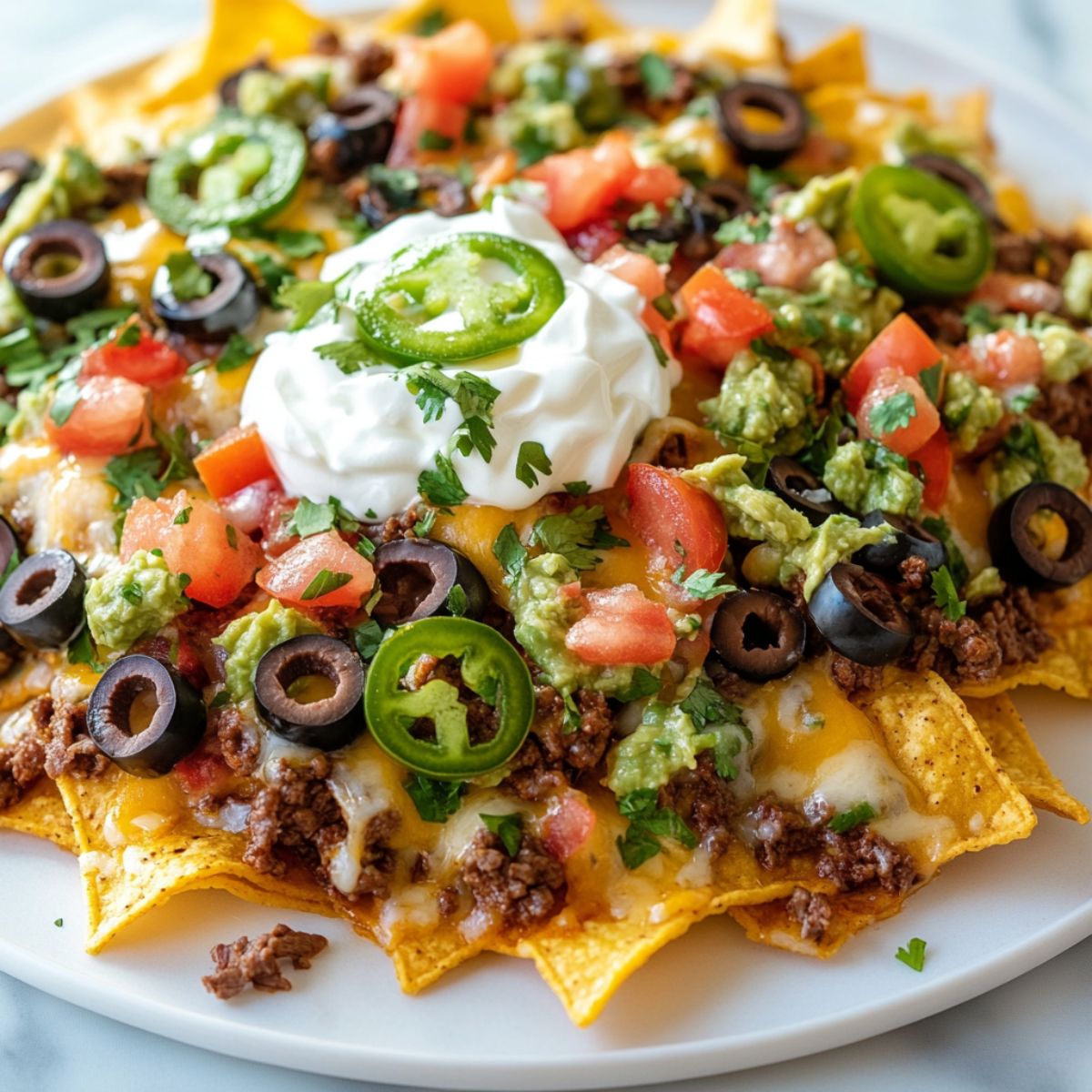 Homemade beef nachos recipe with melted cheese, jalapeños, tomatoes, and sour cream on a white counter

