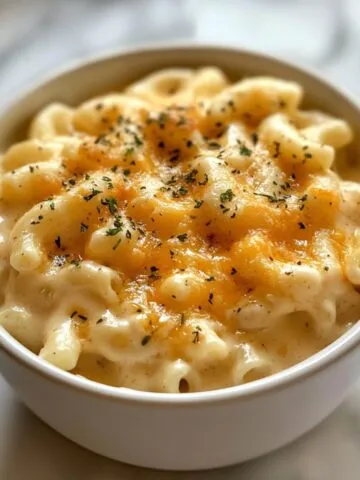 A bowl of creamy homemade mac and cheese recipe on white counter