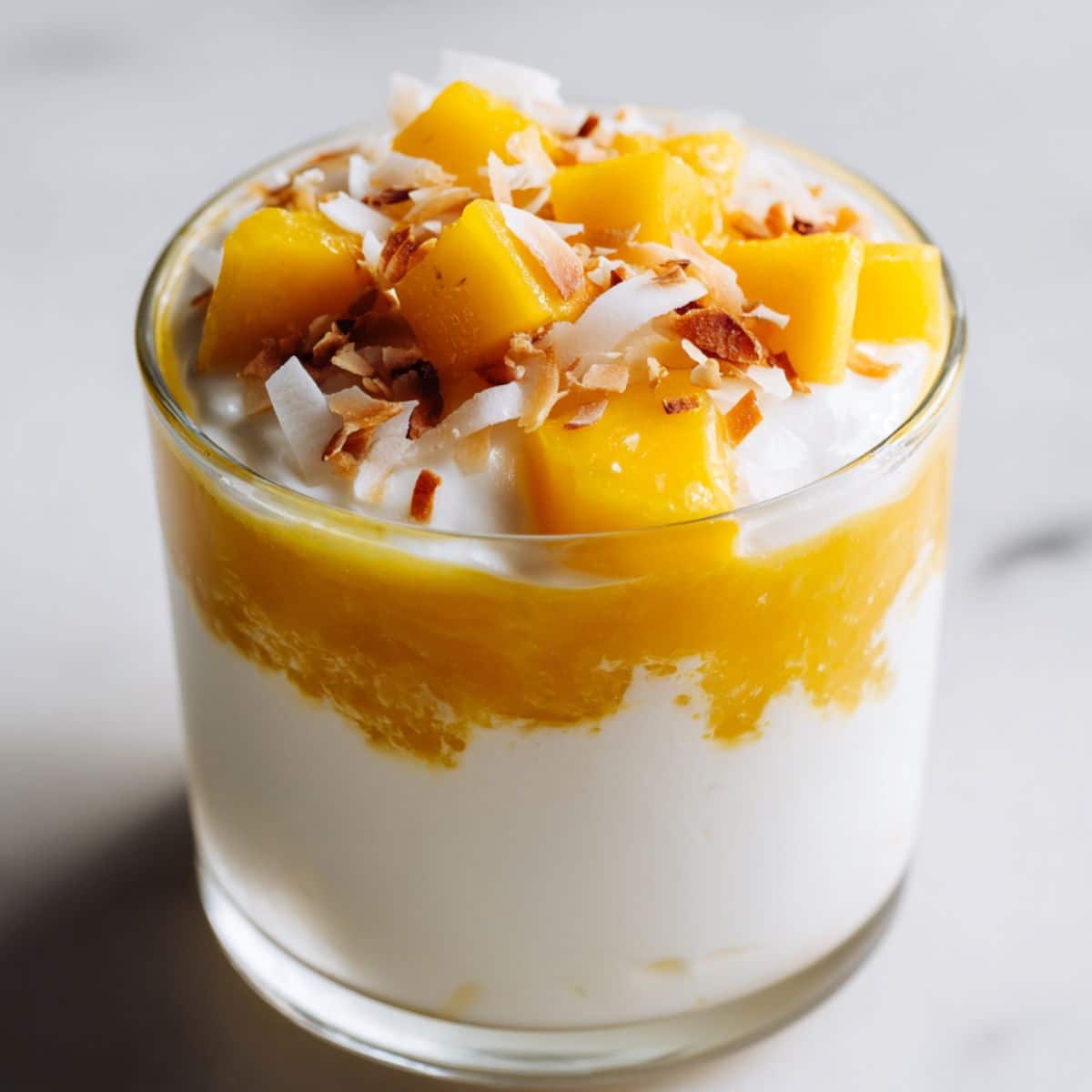 Mango coconut pudding recipe layered in glass cup with fresh mango and coconut topping.